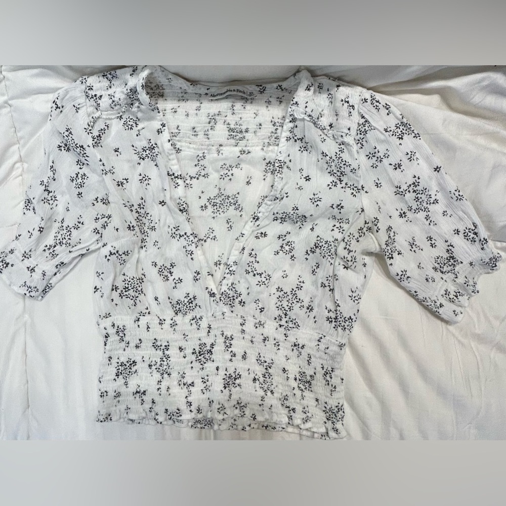 abercrombie & fitch: short sleeve smocked blouse with ruched sleeves